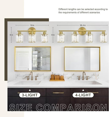 Crystal Bathroom Light Fixtures, Bathroom Lighting Fixtures Over Mirror, Modern 3-Light Gold Vanity Lights for Mirror, Restroom, Kitchen(Ceramic E26 Socket,Bulbs Not Include)