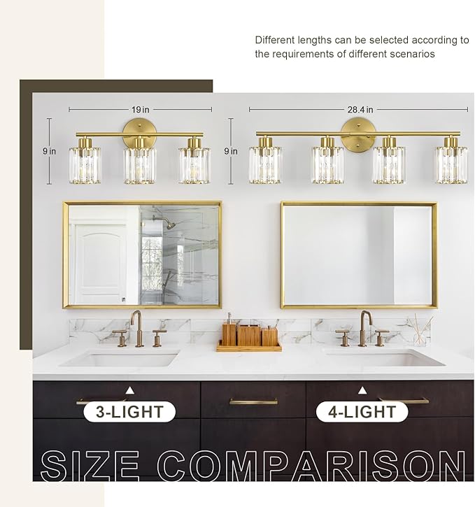Crystal Bathroom Light Fixtures, Bathroom Lighting Fixtures Over Mirror, Modern 4-Light Gold Vanity Lights for Mirror, Restroom, Kitchen(Ceramic E26 Socket,Bulbs Not Include)