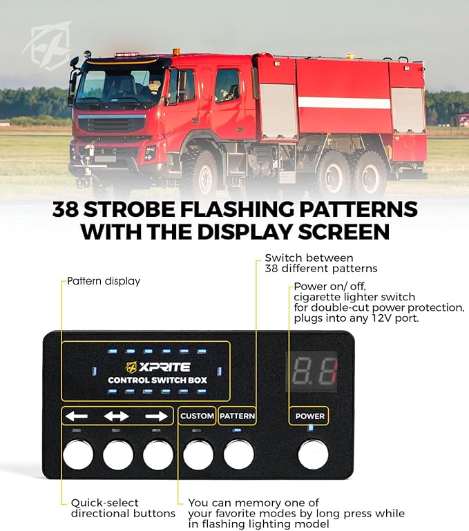 Xprite White Red Rooftop Emergency Strobe Light Bar, US Flag Beacon Safety Flashing Volunteer Firefighter Lights w/Control Panel Magnetic Base for First Responder Vehicles Fire Trucks