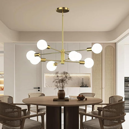 Gold Modern Sputnik Chandelier 8-Lights Mid Century Chandeliers Flush Mount Sputnik Lights Fixture for Dining Room, Living Room,Kitchen Island Height Adjustable (Bulbs Not Included)