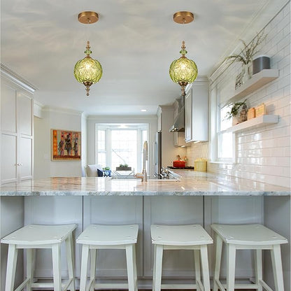 Antique Green Pendant Light Fixtures Vintage Kitchen Lighting Delicate Decorative Pattern 6.3 inches Glass Ceiling Pendant Lighting for Kitchen Island Dining Room with Original Vintage Design