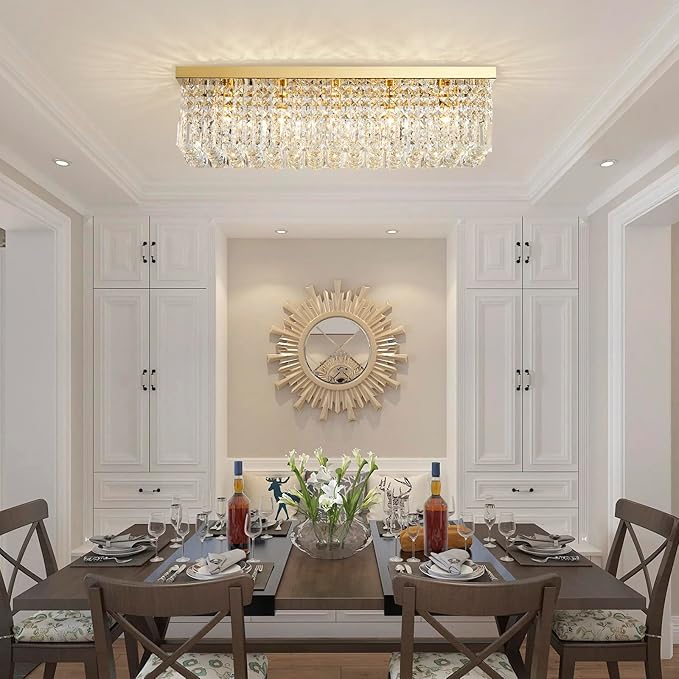 Saint Mossi 5-Lights Modern K9 Crystal Chandelier Light Fixture, Flush Mount Chandelier for Dinning Room, H9 x W10 x L31, Clear Crystal & Gold Finish
