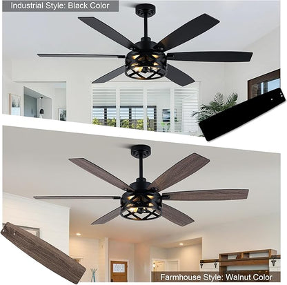 Farmhouse Ceiling Fan with Lights and Remote Large Rustic Ceiling Fan Caged Fandelier Industrial Chandelier Light, Reversible Quiet DC Motor 6 Speed for Indoor Outdoor (Farmhouse, 60 Inch)