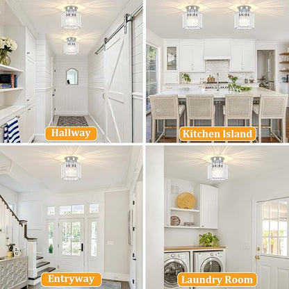 TOULMJ 2 Pack Chrome Semi Flush Mount Ceiling Light, Modern Crystal Hallway Light Fixtures Kitchen Lighting Close to Ceiling Lights for Bathroom Entryway Bedroom Foyer Laundry Room