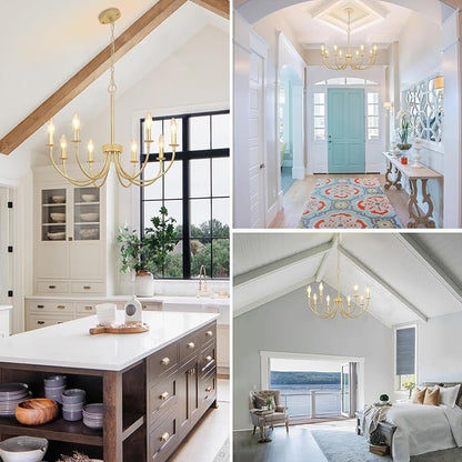 8-Light Gold Chandeliers for Dining Room, Farmhouse Dining Room Light Fixtures, Rustic Candle Chandelier Light Fixtures for Living Room, Kitchen, Staircase, Entryway, Foyer