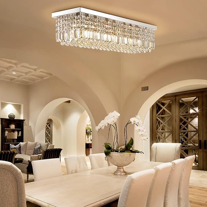 7PM Rectangular Chandelier, Modern Dining Room Light Fixture with Luxury K9 Raindrop Chandelier Crystals, 6 Lights Flush Mount Rectangle Chandelier for Kitchen, Living Room, L31.5'' x W10'' x H10''