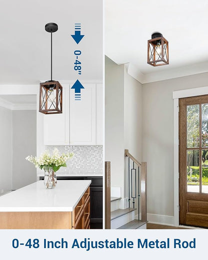 DEWENWILS Farmhouse Pendant Light, Metal Hanging Light Fixture with Wooden Grain Finish, 48 Inch Adjustable Pipes for Flat and Slop Ceiling, Kitchen Island, Bedroom, Dining Hall, E26 Base