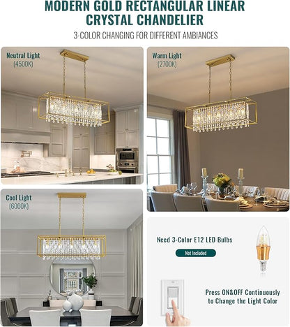 Siljoy Rectangular Gold Crystal Chandelier for Dining Room, 5-Light Modern K9 Crystal Raindrop Chandelier Luxury Crystal Pendant Ceiling Light for Living Room Kitchen Island L35.4'' x W11'' x H12''