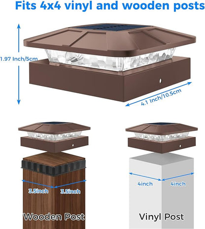 Peasur 6 Packs 4x4 Post Solar Lights with 3 Modes, Waterproof LED Solar Cap Lights for 4×4/3.5×3.5 Wood/Vinyl Posts, Brown Post Top Lighting Outdoor for Fence Deck Mailbox Porch Railing