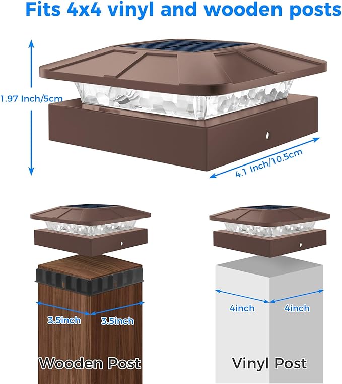 Peasur 4x4 Solar Post Cap Lights Outdoor with 3 Lighting Modes, 4 Packs Brown Fence Caps Light Fits 4×4/3.5×3.5 Wood/Vinyl Posts, Waterproof Post Top Lighting for Deck Mailbox Porch Railing