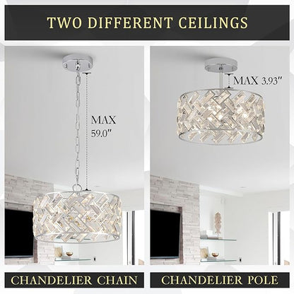 CATINER Chrome Crystal Chandeliers, 4-Light Modern Semi Flush Mount Ceiling Light, D12'' Small Round Crystal Hanging Pendant Light Fixtures for Dining Room Kitchen Island Entryway Hallway