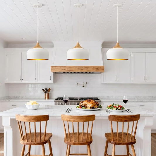 White Pendant Light, 12in Solid Wood Pendant Lights Fixture Adjustable Modern Hanging Lighting, for Kitchen Island Dining Room Sink Bar Office Bedroom