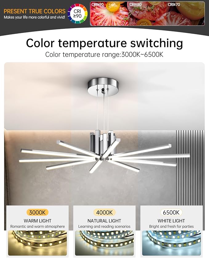 Modern Led Chandelier, Dimmable Sputnik Light Fixture with Remote Control, Modern Pendant Light for Dining Room Kitchen Living Room Entryway, 3000K-6500K (Chrome)