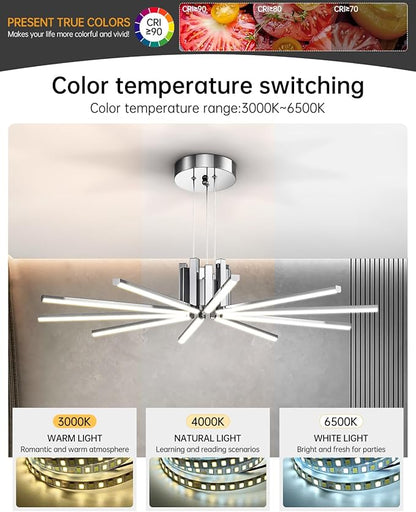 Modern Led Chandelier, Dimmable Sputnik Light Fixture with Remote Control, Modern Pendant Light for Dining Room Kitchen Living Room Entryway, 3000K-6500K (Chrome)