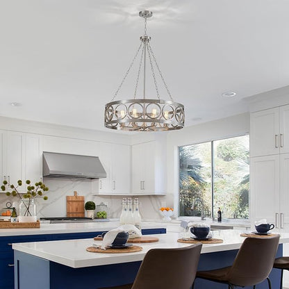 XINGQI 32.3" Large Brushed Nickel Drum Chandelier Modern 8-Light Rustic Farmhouse Round Pendant Lighting Fixture for Dining Room Living Room Office Kitchen Island
