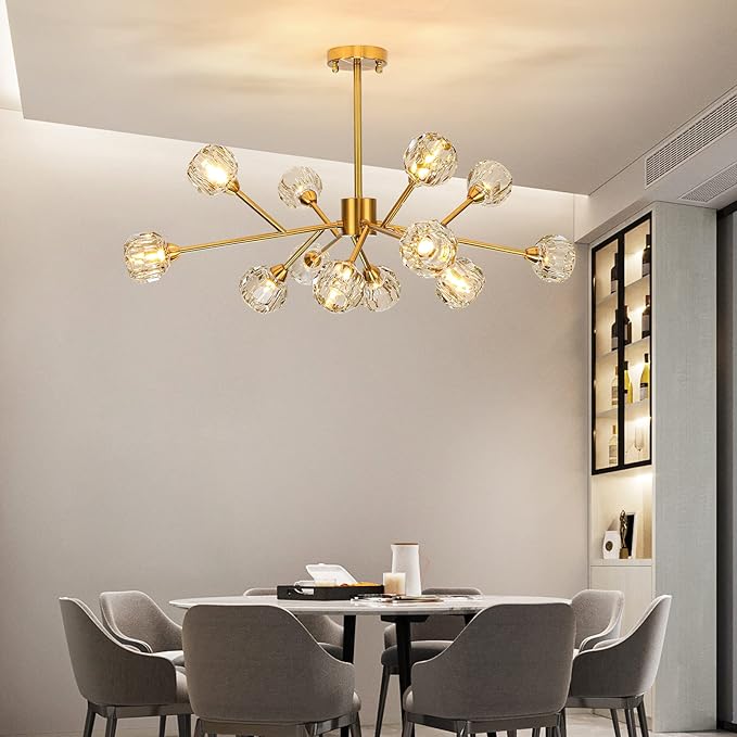 Weesalife Sputnik Chandeliers Modern Crystal Pendant Lighting Gold Chandelier 12 Lights Mid Century Ceiling Light Fixtures for Dining Room Kitchen Island Living Room Bedroom Bar