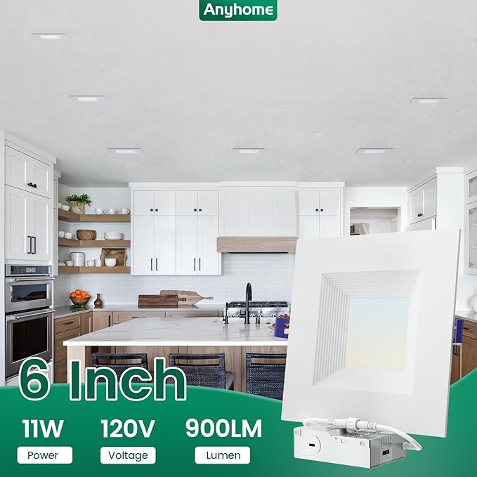 12 Pack 6 Inch Square Ultra-Thin Led Recessed Lighting,Recessed Led Downlight with Junction Box,5CCT 2700K-5000K Dimmable,with Baffle Anti-Glare,11W 900LM,ETL & ES