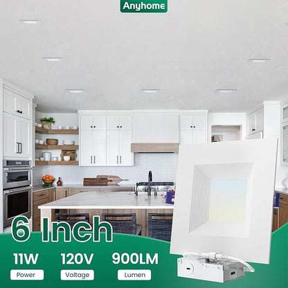 12 Pack 6 Inch Square Ultra-Thin Led Recessed Lighting,Recessed Led Downlight with Junction Box,5CCT 2700K-5000K Dimmable,with Baffle Anti-Glare,11W 900LM,ETL & ES