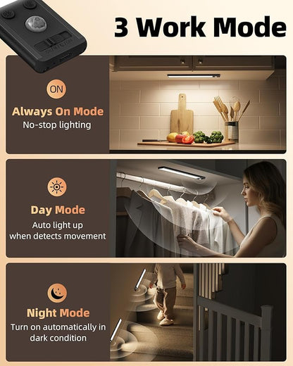 EZVALO Under Cabinet Lighting, 3500mAh Rechargeable Motion Sensor Light Indoor, 3 Color Temps, 5-Level Dimmable Magnetic Wireless Closet Lights for Kitchen, Stairs (Black, 2 Pack)