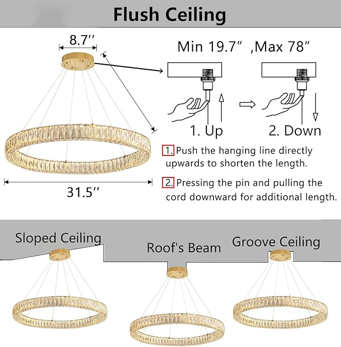 HAIXIANG Modern Crystal Chandelier Dimmable LED Ring Pendant Chandeliers Light Adjustable Glam Hanging Lighting Fixtures for Dining Room Living Room Bedroom Gold Light