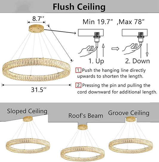 HAIXIANG Modern Crystal Chandelier Dimmable LED Ring Pendant Chandeliers Light Adjustable Glam Hanging Lighting Fixtures for Dining Room Living Room Bedroom Gold Light