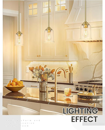 zeyu Gold Pendant Light Fixtures 2 Pack, Vintage 1-Light Hanging Lamp, Kitchen Pendant Lighting Over Island with Clear Glass Shade, Brushed Gold Finish, ZSL104MIL-2 BG