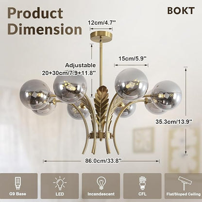 BOKT Gold Sputnik Mid Century Chandelier Modern Slop Ceiling Light Fixture Adjustable Height Kitchen Lights Hanging Smoked Gray Glass Globe Lampshade for Living Room Bedroom Bulb Included