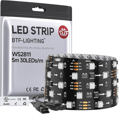 BTF-LIGHTING WS2811 IC=RGB+IC Addressable Color RGB LED Strip,16.4FT 30LED/m 10Pixels/m,IP30 Black PCB,UL Listed,Flexible DC12V Chasing Effect for Indoor Home Decor,3M Tape(No Adapter or Controller)