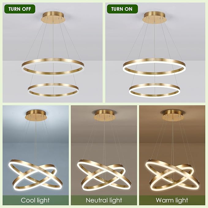 Benkut 2-Rings Modern LED Chandelier Gold for Dining Room, Circular Flush Mount Ceiling Chandelier Light Dimmable Pendant Light with Remote Control for Living Room Entrance Foyer, 3000K-6500K