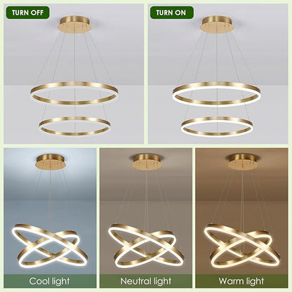 Benkut 2-Rings Modern LED Chandelier Gold for Dining Room, Circular Flush Mount Ceiling Chandelier Light Dimmable Pendant Light with Remote Control for Living Room Entrance Foyer, 3000K-6500K