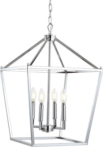 JONATHAN Y 16" Chrome Lantern Pendant Light, 1-Light Pagoda Style Metal Cage Farmhouse Hanging Ceiling Fixture for Kitchen Island, LED Bulb Included (JYL7437C)
