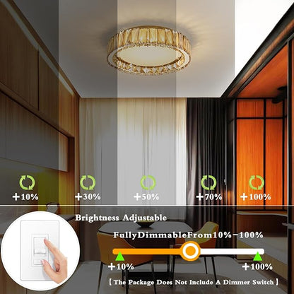 Amber Crystal Dimmable Flush Mount Ceiling Light, Gold Modern LED Close to Ceiling Light Fixture with 5CCT 2700K-6000K, Round Kitchen Lighting for Bedroom,Laundry Room, Hallway, Living room (15in 36W)