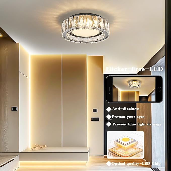 Crystal Dimmable Flush Mount Ceiling Light, Black Modern LED Close to Ceiling Light Fixture with 5CCT 2700K-6000K, Round Kitchen Lighting for Bedroom, Laundry Room, Hallway, Bathroom (11in 24W)