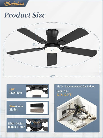 Fanbulous 42 inch ceiling fan with light, Low Profile Ceiling Fan with Light, App&Remote Control, Dimmable LED Light, Flush Mount Ceiling Fan for Indoor Bedroom Living Room, Qiuet DC Motor