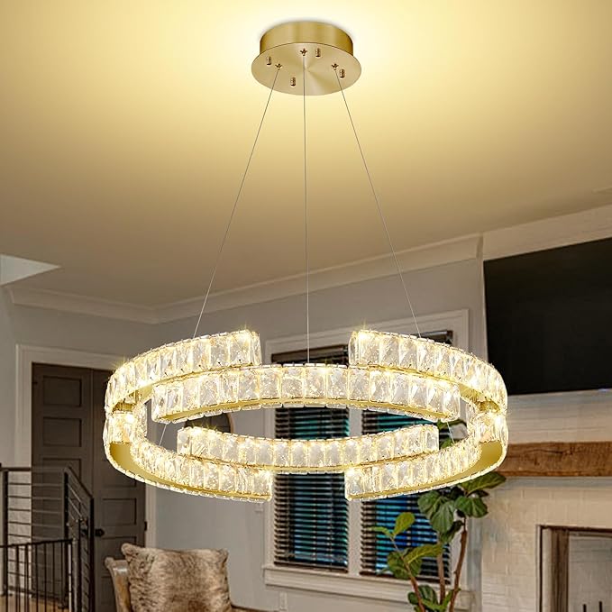16in Modern Gold Ring Chandelier for Living Room Dinning Room immable Led Crystal Pendant Light Dimmable 3000k-6000k