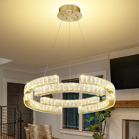 16in Modern Gold Ring Chandelier for Living Room Dinning Room immable Led Crystal Pendant Light Dimmable 3000k-6000k