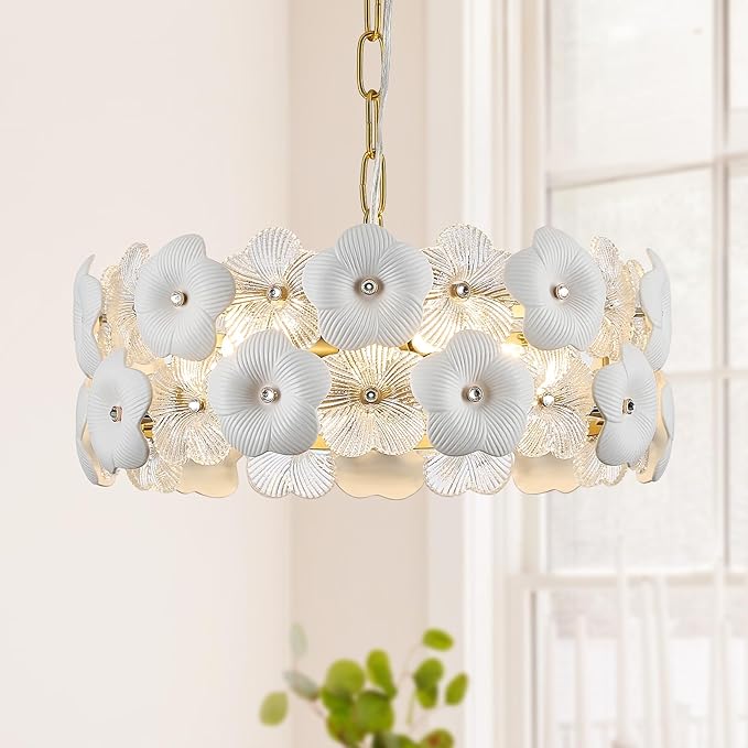 Flower Elegant Glass Chandeliers 4-Lights Modern Gold 14" Pendant Light Fixture for Kitchen Island Dining Room Bedroom Entryway Hallway, G9