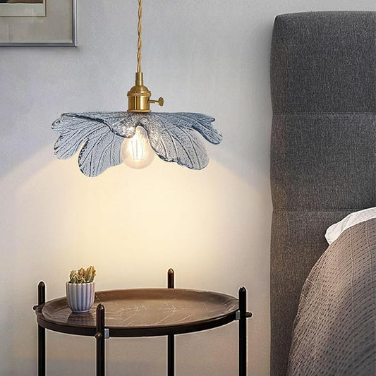 Vintage Glass Pendant Light Gold Brushed Brass Hanging Light with Blue Flower Glass Shade, Farmhouse Pendant Lighting for Kitchen Dining Room Bedroom, 1-Light