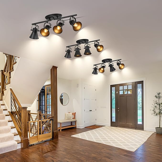 Modern Plug-in Ceiling Lighting,4 Light Track Lighting Fixtures, Industrial Black Kitchen Track Lighting Fixtures Ceiling for Kitchen, Living Room, Dining Room, Hallway.
