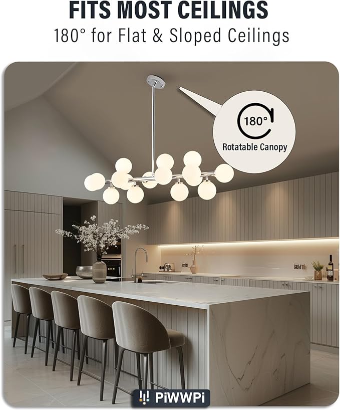 Glass Globe Sputnik Chandelier, 16-Light Mid Century Modern Light Fixture Over Table, Linear Chandeliers for Dining Room, Kitchen Island, Chrome and Milk White Bubble, 40 Inch, GC-02