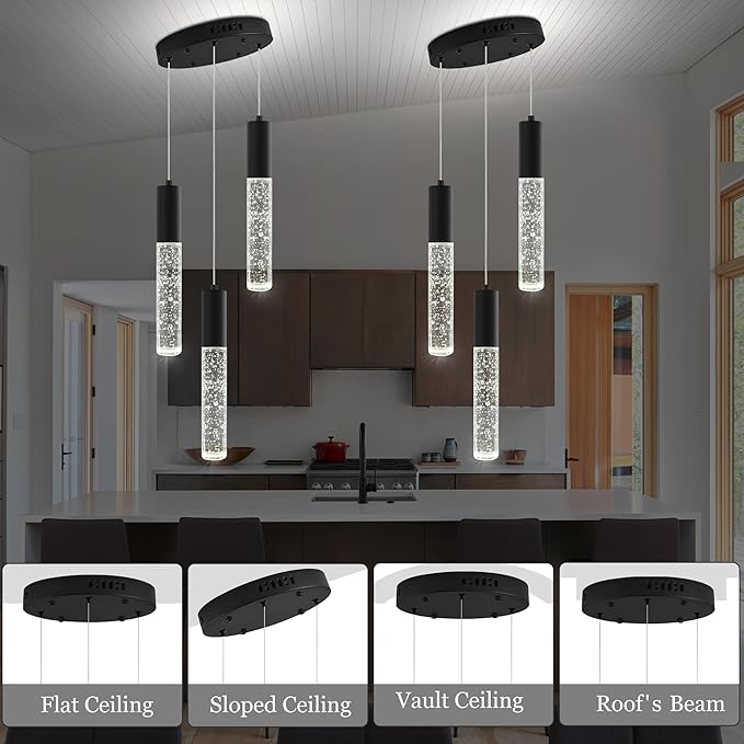 Modern Crystal Chandelier for Kitchen Island 3-Lights, Elegant Black LED Bubble Pendant Lighting Fixture for Dining Room Bedroom Entryway