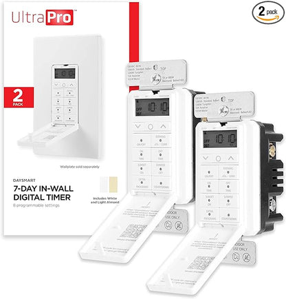 UltraPro Daysmart 7-Day Digital In-Wall Ⲧimer, Presets/Countdown Timer, Programmable Settings, Override, Sunrise/Sunset, Light Τimer for Indoor Lighting, Porch, Seasonal, Timer Switch, 2 Pack, 47940