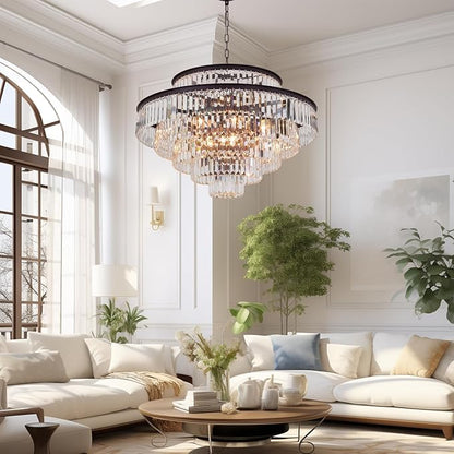 6-Tier Large Gold Crystal Chandeliers 31" Modern Luxury Chandeliers for Staircase K9 Crystal High Ceiling Chandelier 17-Light Round Hanging Pendant Light Fixture for Living Room Entryway Foyer