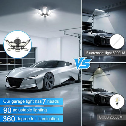 TANBABY 2 Pack LED Garage Lights, 250W Deformable Garage Light Bulb, Total 30000LM 6500K Daylight, 7+1 Adjustable Panels, E26/E27 Screw-in Ceiling Light for Basement