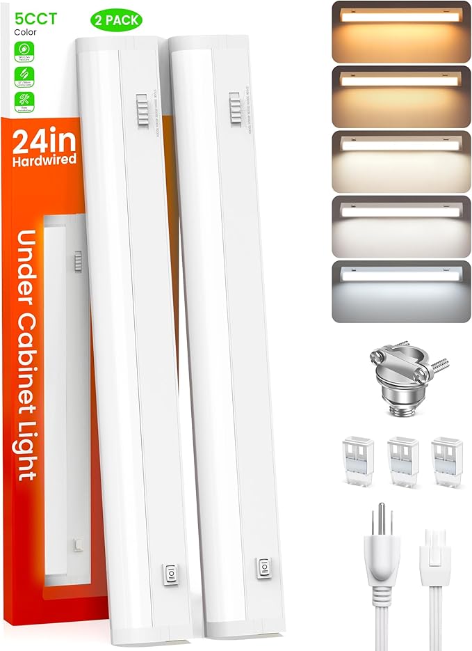 ALUSSO 24 Inch LED Under Cabinet Lighting Hardwired & Plug in 120V, 5CCT Color Selectable 2700K-5000K Dimmable 15W 1350LM High Brightness, Strip Linkable Under Counter Lights for Kitchen Sink, 2 Pack