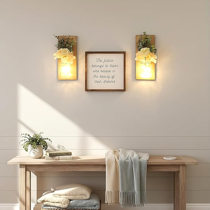 Wall Hangings for Living Room, Rustic Home Decor, Farmhouse Bedroom Decor, Wall Decor Living Room with Led Fairy Lights & Rose Flowers, Wall Art Set of 2, XL Jacobean