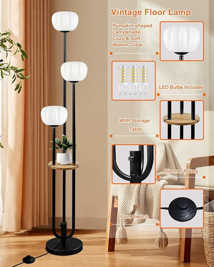 Black Floor Lamp Dimmable Modern Floor Lamps with Pumpkin Lampshade & Table, 3000K Soft Warm White Bulbs Included, 3-Light Tall Standing Lamp with 5Lbs Heavy Base for Living Room/Bedroom