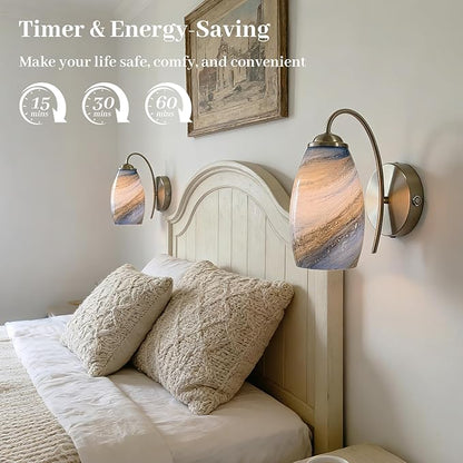 Battery Operated Modern Wall Sconce Set of 2, Rechargeable Wireless Wall Lights with Touch & Remote Control, Dimmable 3 Color Temperatures, Hand-Blown Glass for Bedroom Living Room