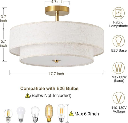 17.7" Semi Flush Mount Ceiling Light Fixtures, Gold Close to Ceiling Light Fixtures with 2-Tier Drum Fabric Lamp Shade, Modern Ceiling Light Fixtures Flush Mount for Bedroom Hallway Nursery