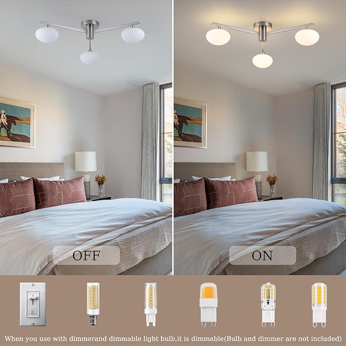 3-Light Mid Century Modern Ceiling Light 22.5" Brushed Nickel Semi Flush Mount Ceiling Light with Milk Glass Shade for Bedroom, Entryway, Hallway, Kitchen lsland, Dining Room & Living Room